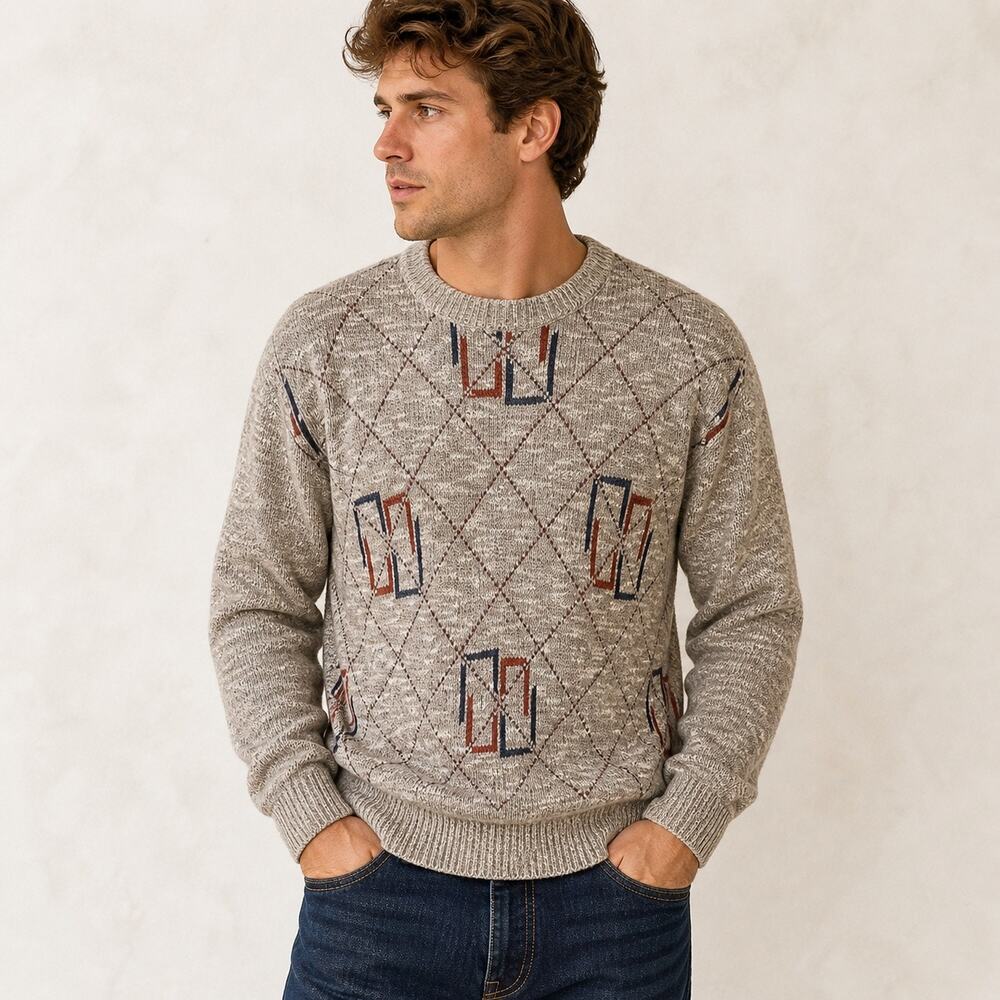Vintage The Fox Collection Sweater Mens M Tan Knit Crewneck Textured Cozy